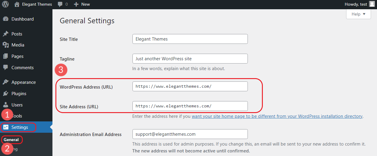 Configuración de WordPress - General - URL del sitio web - www vs. non-www