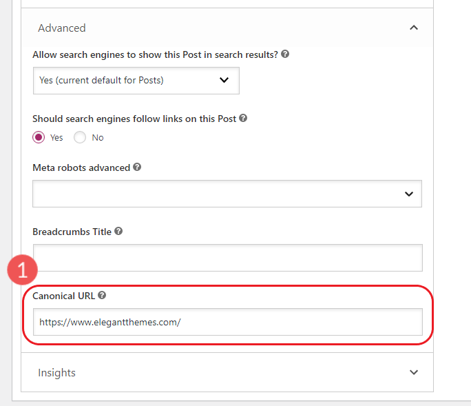Opciones avanzadas de página de URL canónica de Yoast SEO