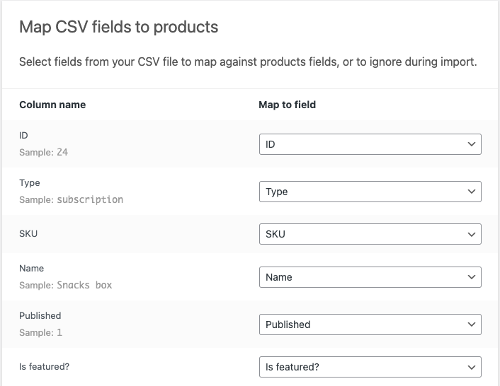 mapper les champs d'abonnement csv aux produits