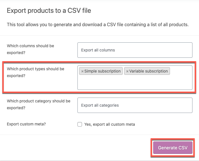 exporter les produits d'abonnement vers un fichier csv