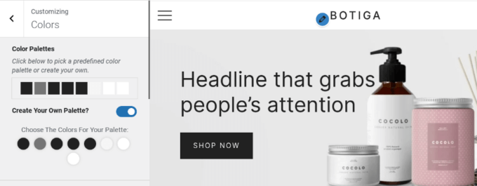 L'opzione per creare una tavolozza di colori utilizzando il Personalizzatore di WordPress