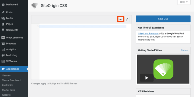 Le impostazioni del plugin CSS SiteOrigin