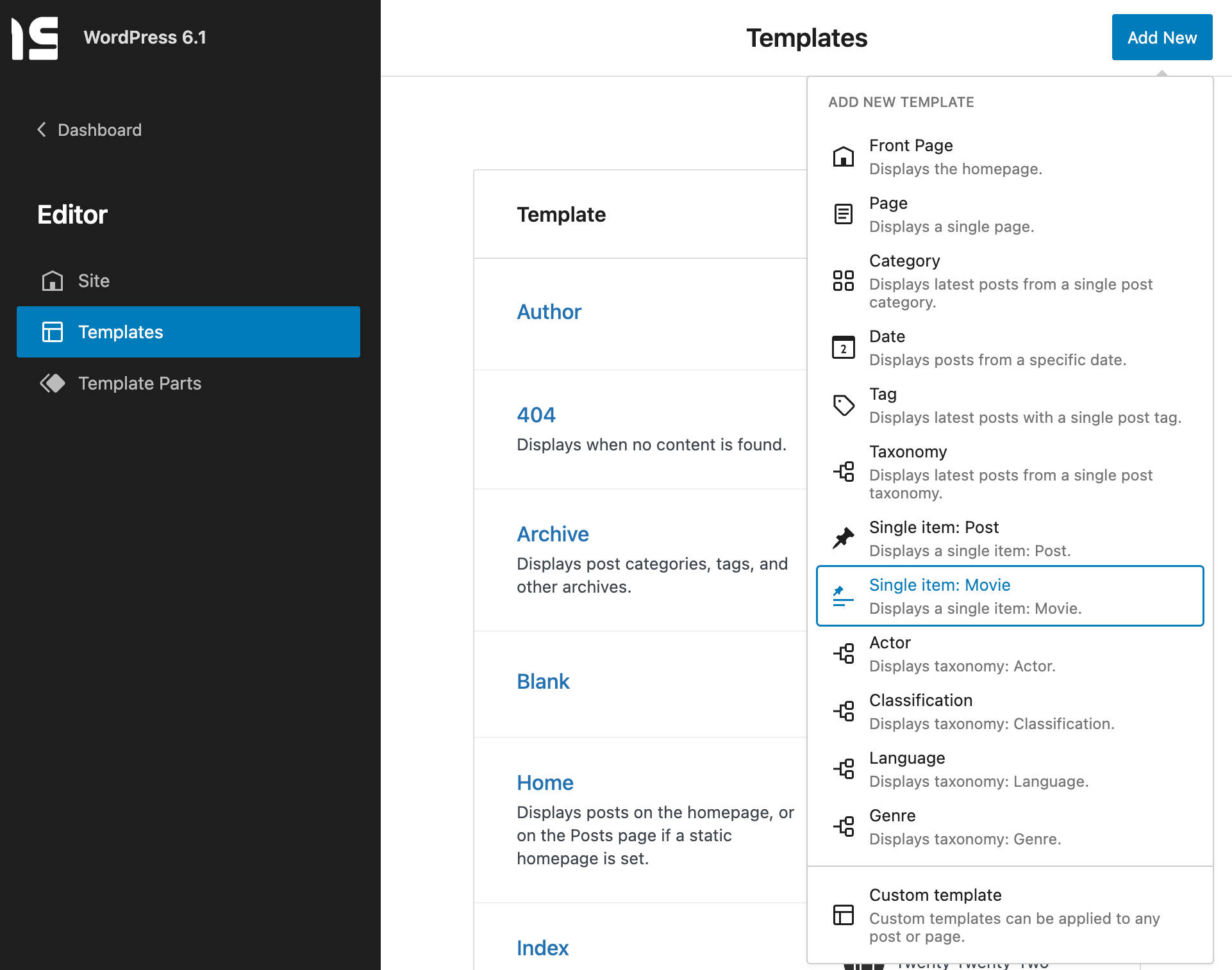 WordPress 6.1 で利用可能なテンプレート タイプのリストを示す画像