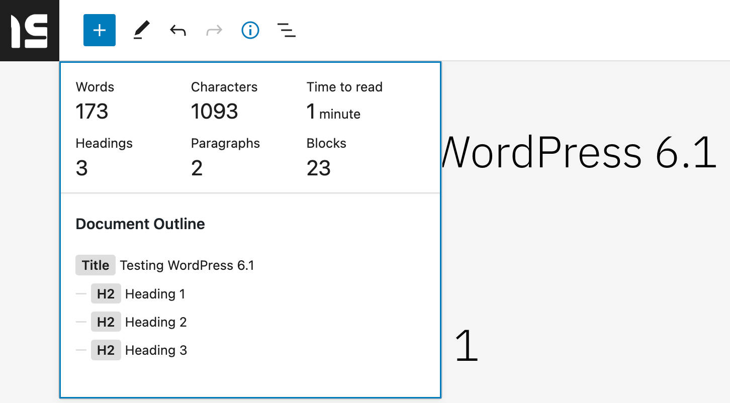 QWordPress 6.1 では、情報パネルに Time to read が表示されるようになりました