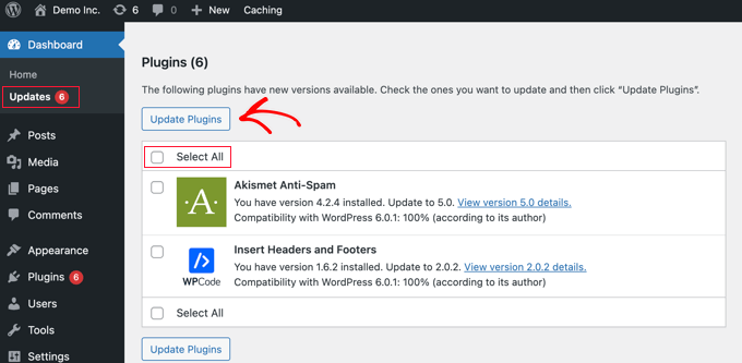 Actualizarea pluginurilor WordPress din pagina Actualizări Updating WordPress Plugins From the Updates Page