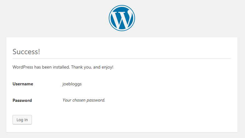 Écran de réussite de WordPress après l'installation