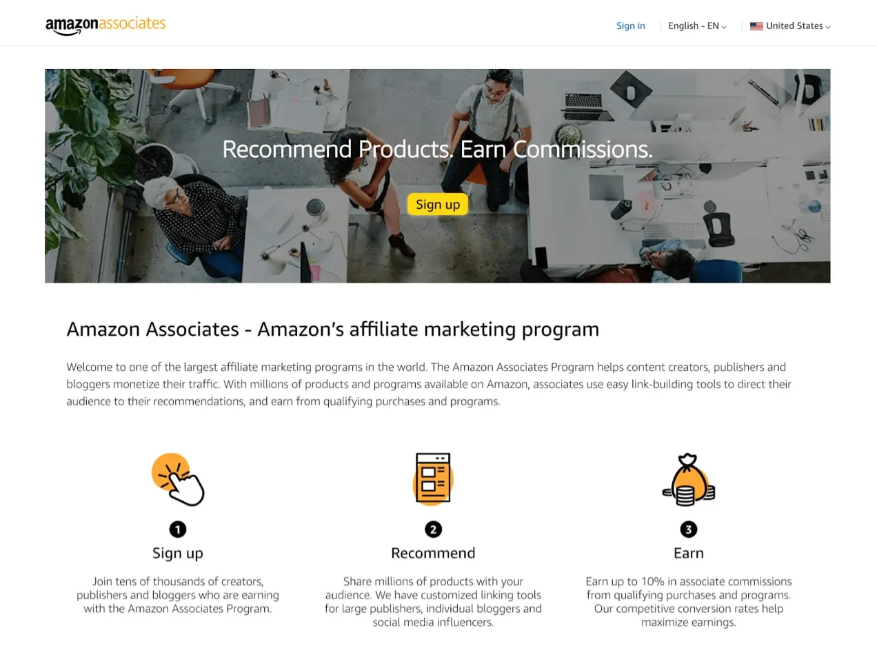 الصفحة الرئيسية لشركة Amazon Associates