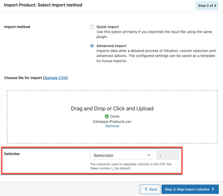 changer le délimiteur lors de la configuration de l'importation woocommerce avec un plugin