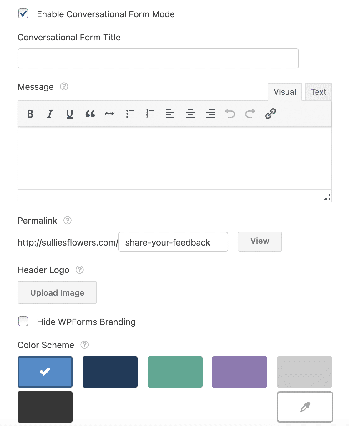 The conversational forms settings in WPForms