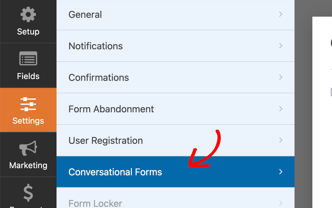 Acceder a la configuración de formularios conversacionales en el generador de formularios