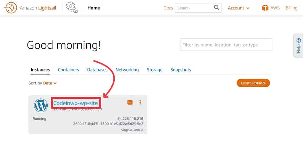 Откройте панель управления экземпляром для управления хостингом AWS WordPress.