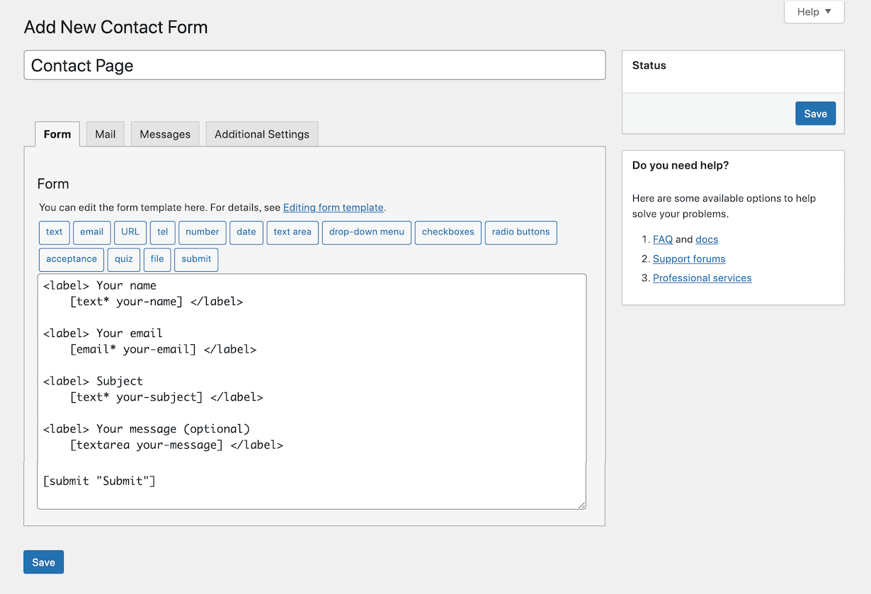 Formulário de contato 7 Configurações do formulário