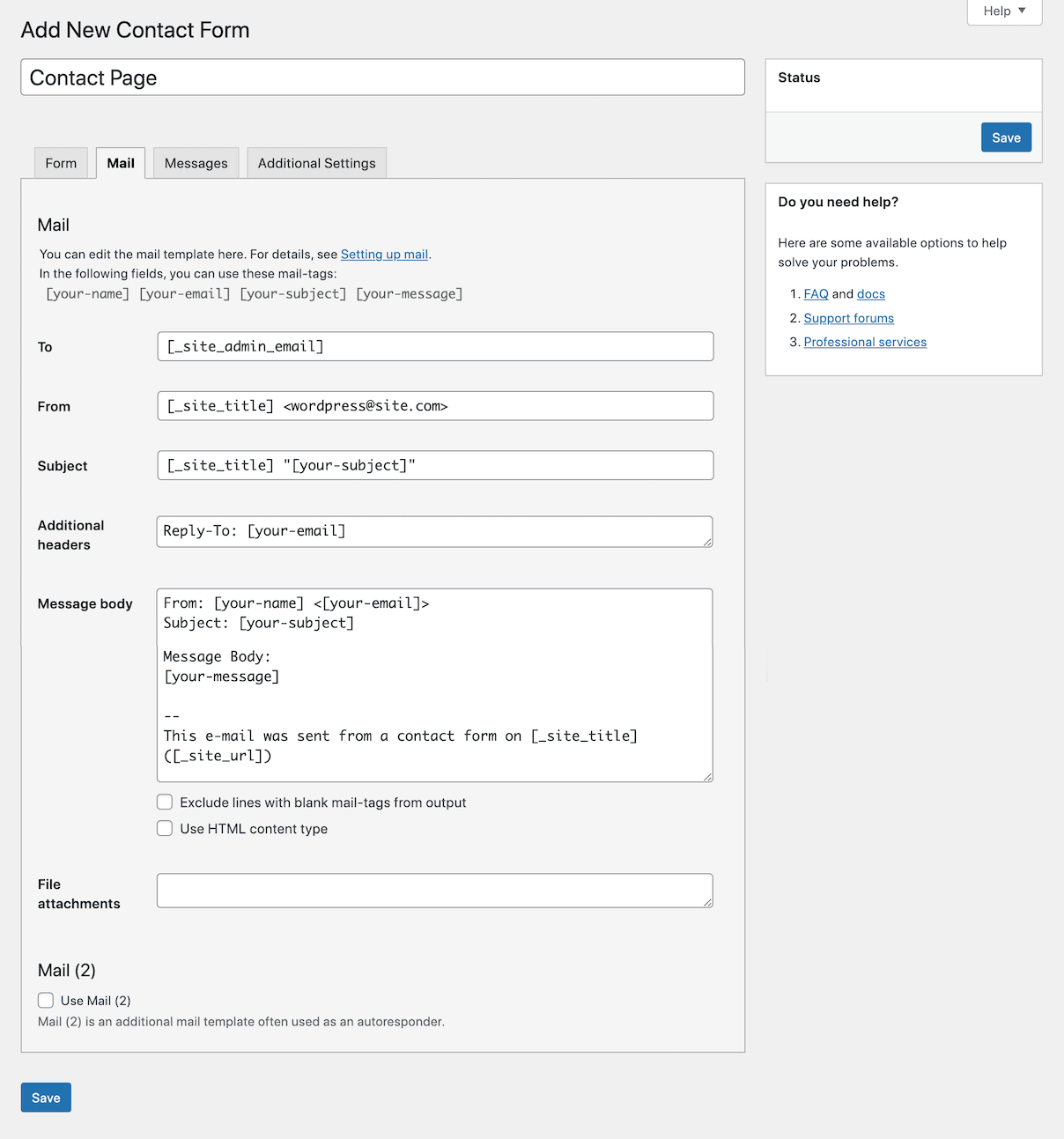 Configurações de e-mail do formulário de contato 7