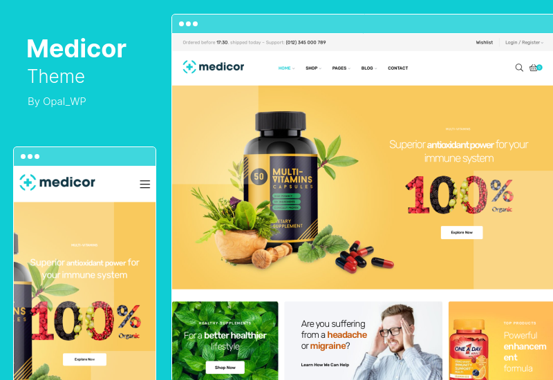 موضوع Medicor - موضوع العيادة الطبية والصيدلة WooCommerce