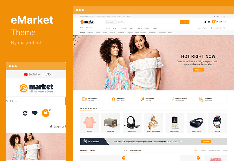 ธีม eMarket - All-in-One Multi Vendor MarketPlace Elementor WordPress Theme