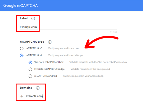 ป้อนป้ายกำกับและ reCaptcha