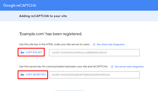 reCaptcha 키 복사