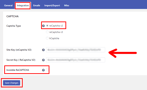 reCAPTCHA v2 키 붙여넣기