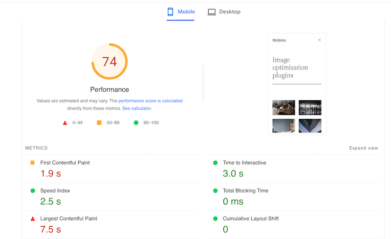 Mesures de performances sans Imagify - Source : PageSpeed ​​Insights