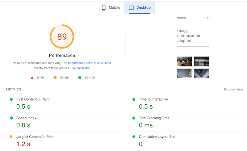 Amélioration des mesures de performance avec le niveau de compression intelligente d'Imagify - Source : PageSpeed ​​Insights