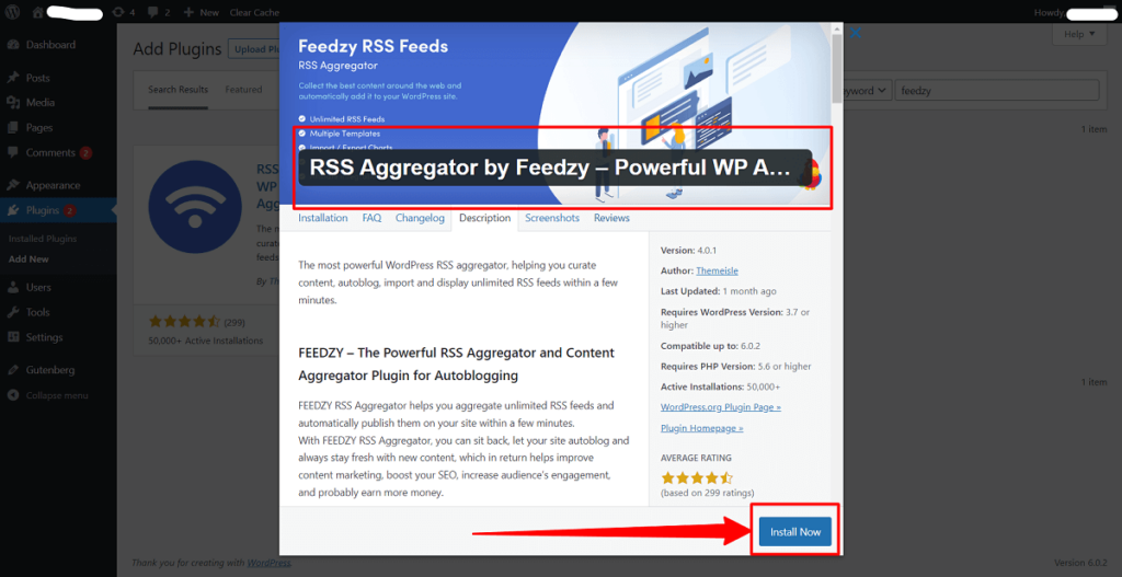 installa rss aggreator da feedzy