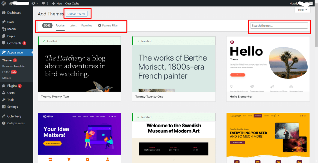 choisir un thème sous forme de bibliothèque WordPress