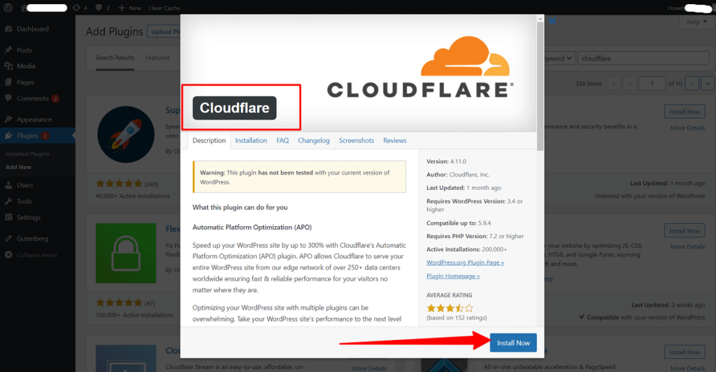 plugin di installazione di cloudflare