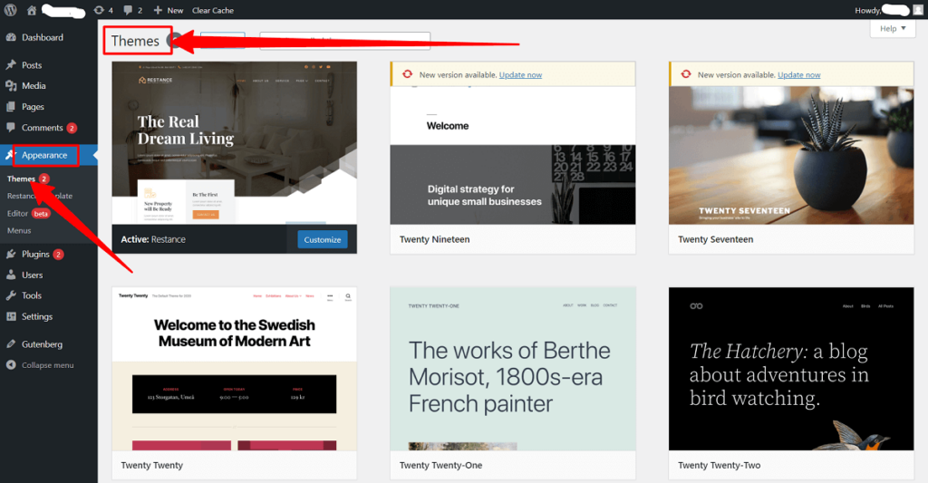 Tabloul de bord pentru teme WordPress