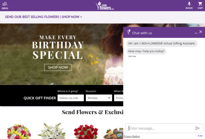 1-800-Flowers fornece atendimento ao cliente em sua tela principal com um chatbot