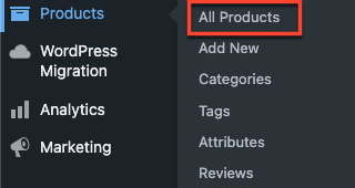 Menu Tous les produits du tableau de bord WordPress
