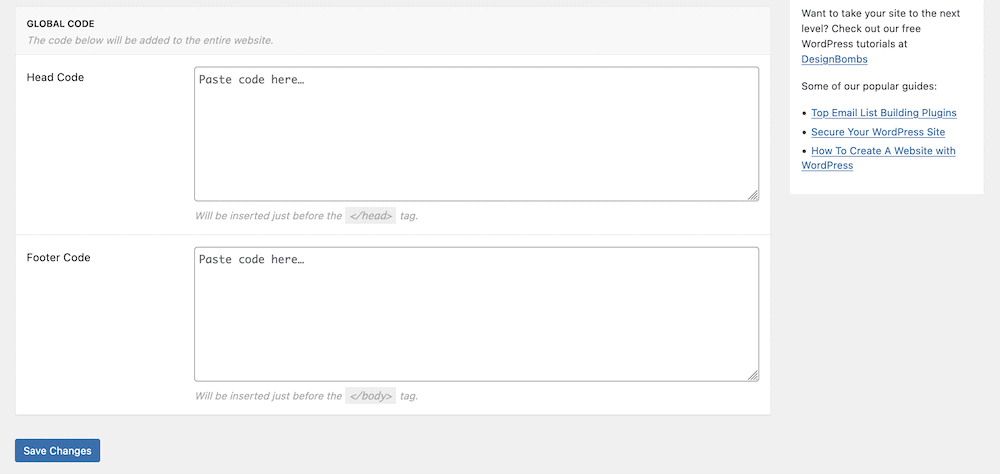 Die globalen Einbettungscode-Kopf- und Fußzeilenabschnitte in den WordPress-Einstellungen.