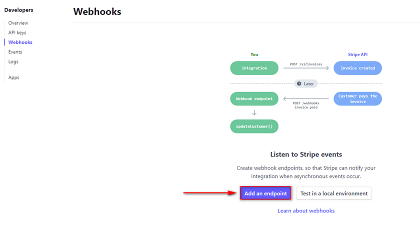 configurar el punto final de eventos de Stripe