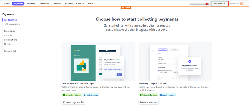 seção de desenvolvedores no Stripe