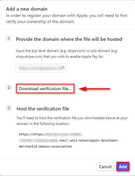 Laden Sie die Verifizierungsdatei herunter und speichern Sie Ihre Domain, um die Einrichtung von Apple Pay in WooCommerce abzuschließen