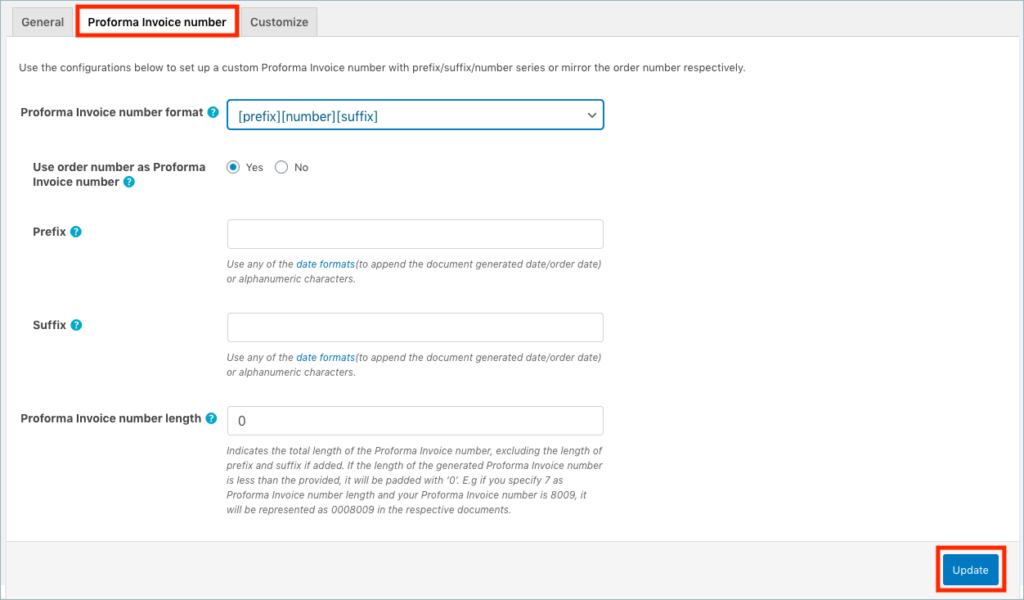 Onglet Numéro de facture proforma WooCommerce