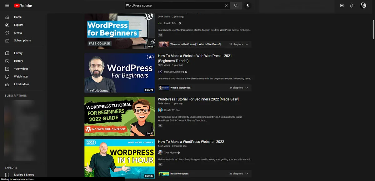 Cursos WordPress no YouTube