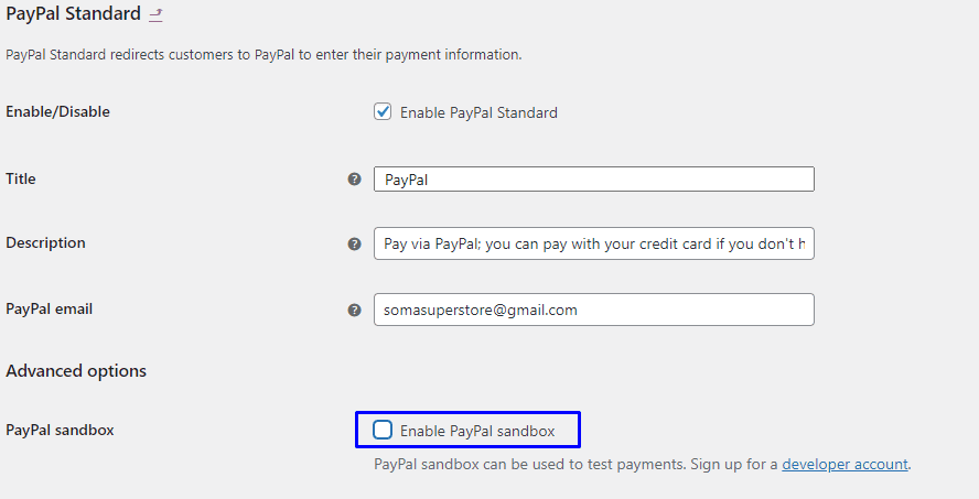 PayPal sanal alanını etkinleştir seçeneğinin işaretini kaldırın