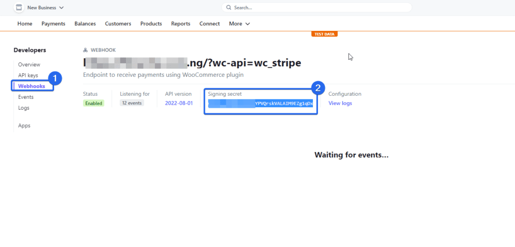 WooCommerce'i test modunda çalıştırmak için Webhook'a tıklayın