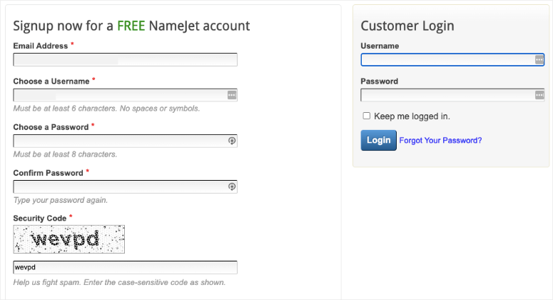 Inscreva-se para uma conta NameJet