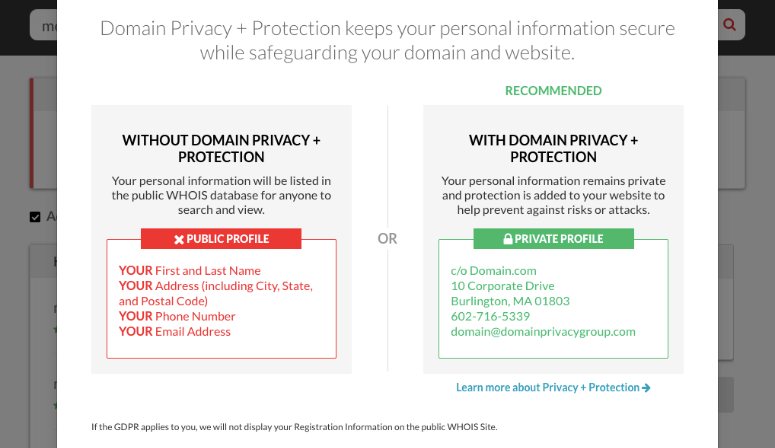 comparação de privacidade de domínio