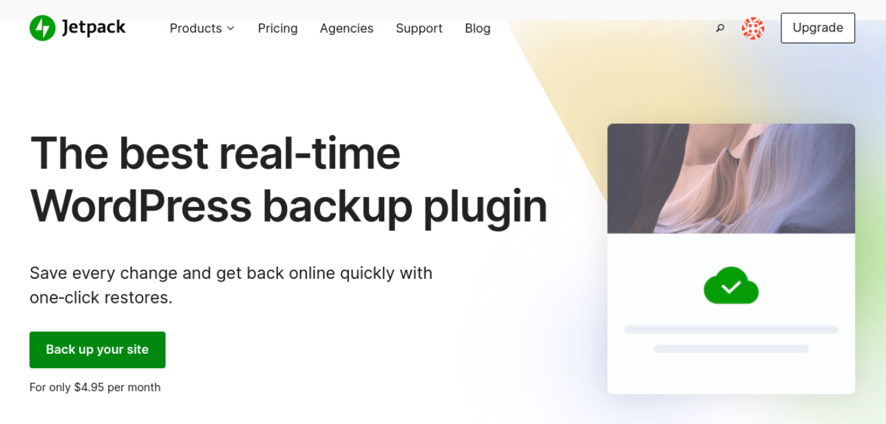 Jetpack Backup ana sayfası, "en iyi gerçek zamanlı WordPress yedekleme eklentisi" sloganıyla