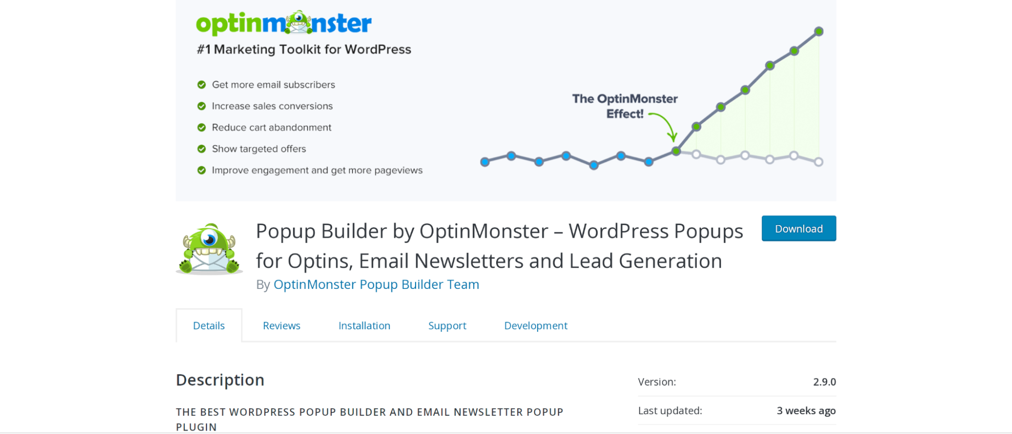 WordPress deposundaki OptinMonster eklenti sayfası