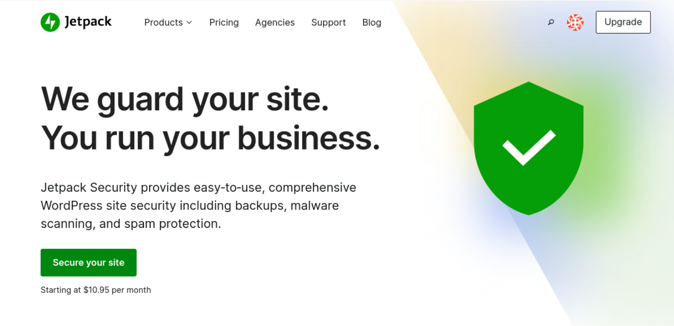 Jetpack Security açılış sayfası, "Sitenizi koruyoruz. İşinizi siz yönetiyorsunuz."