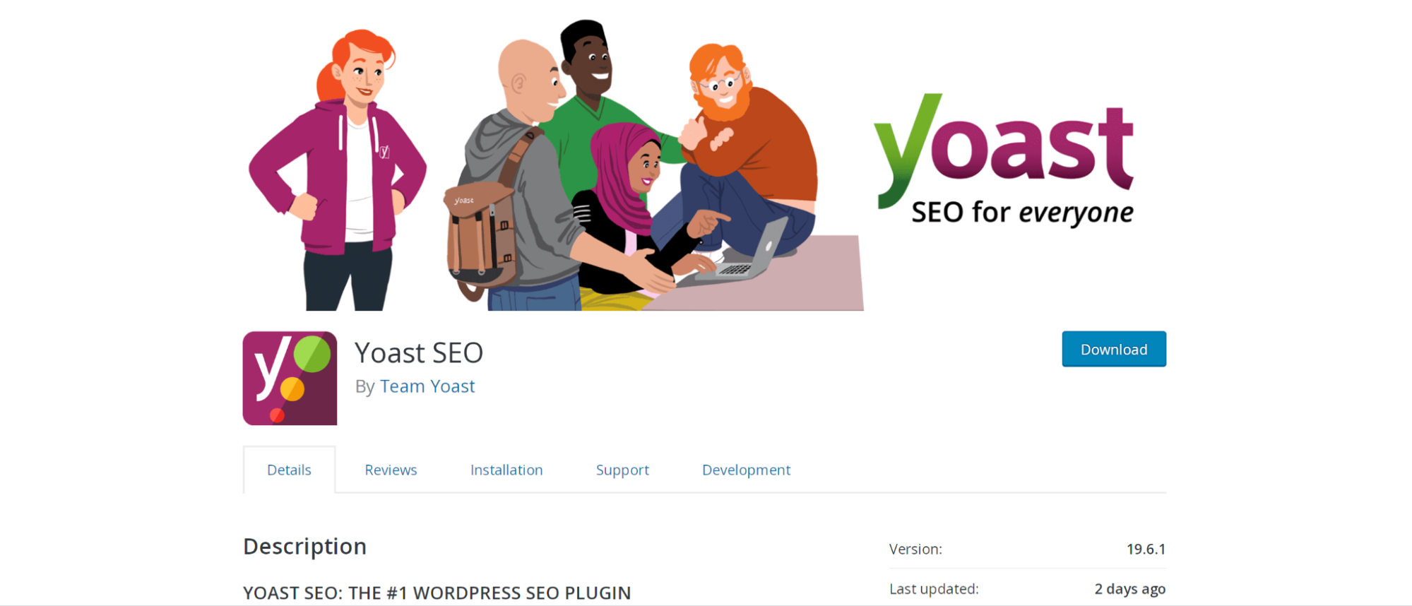 WordPress deposundaki Yoast SEO eklenti sayfası