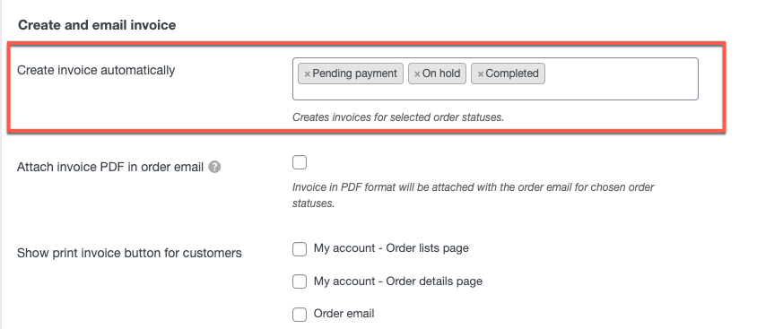 sélectionnez les statuts de commande pour créer une facture automatiquement