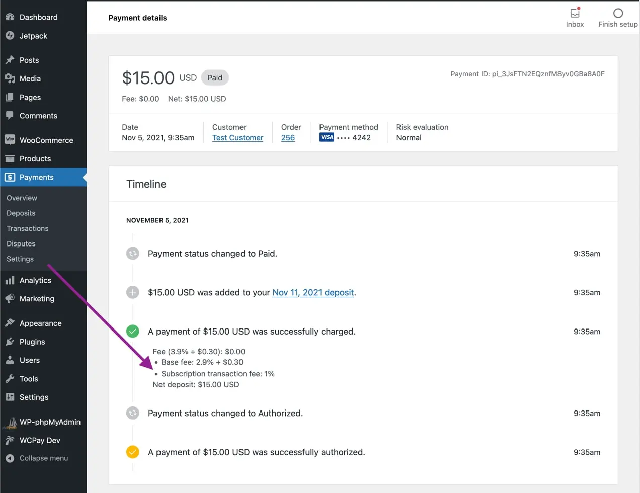 una suscripción vista en el panel de WooCommerce Payments