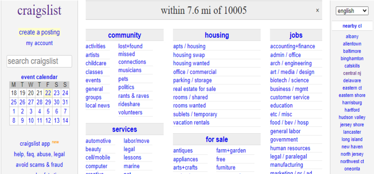 Sebuah homepage dari Craigslist.