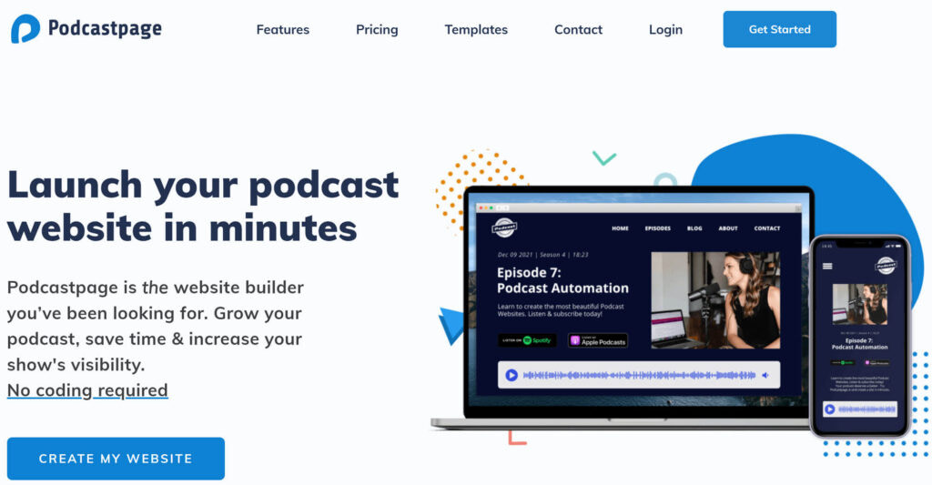 Podcast'ler için En İyi Web Sitesi Oluşturucuları: Podcastpage ana sayfası