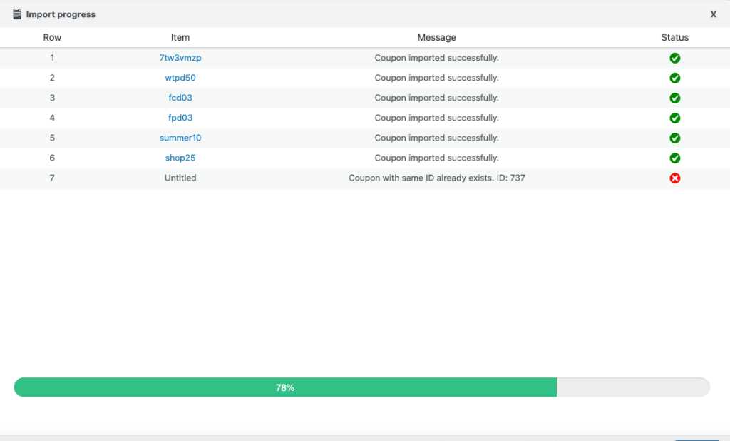 Journal de progression de l'importation pour les coupons WooCommerce