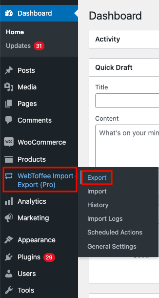 Option d'exportation sous WebTofee Import Export (Pro)